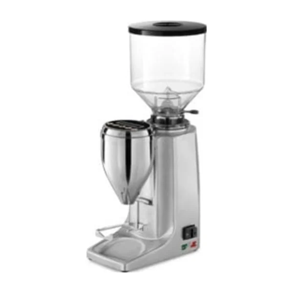 Quamar M80E OD coffee grinder, silver, three-quarter view