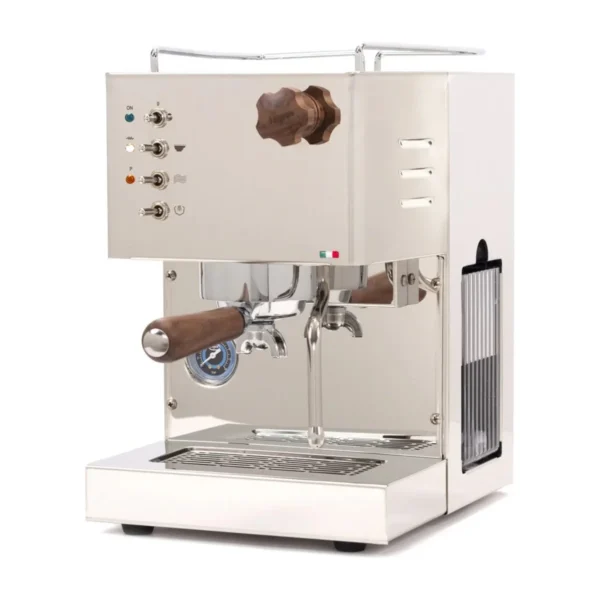 Quick Mill Pippa in mirror stainless steel with timber steam knob and handle