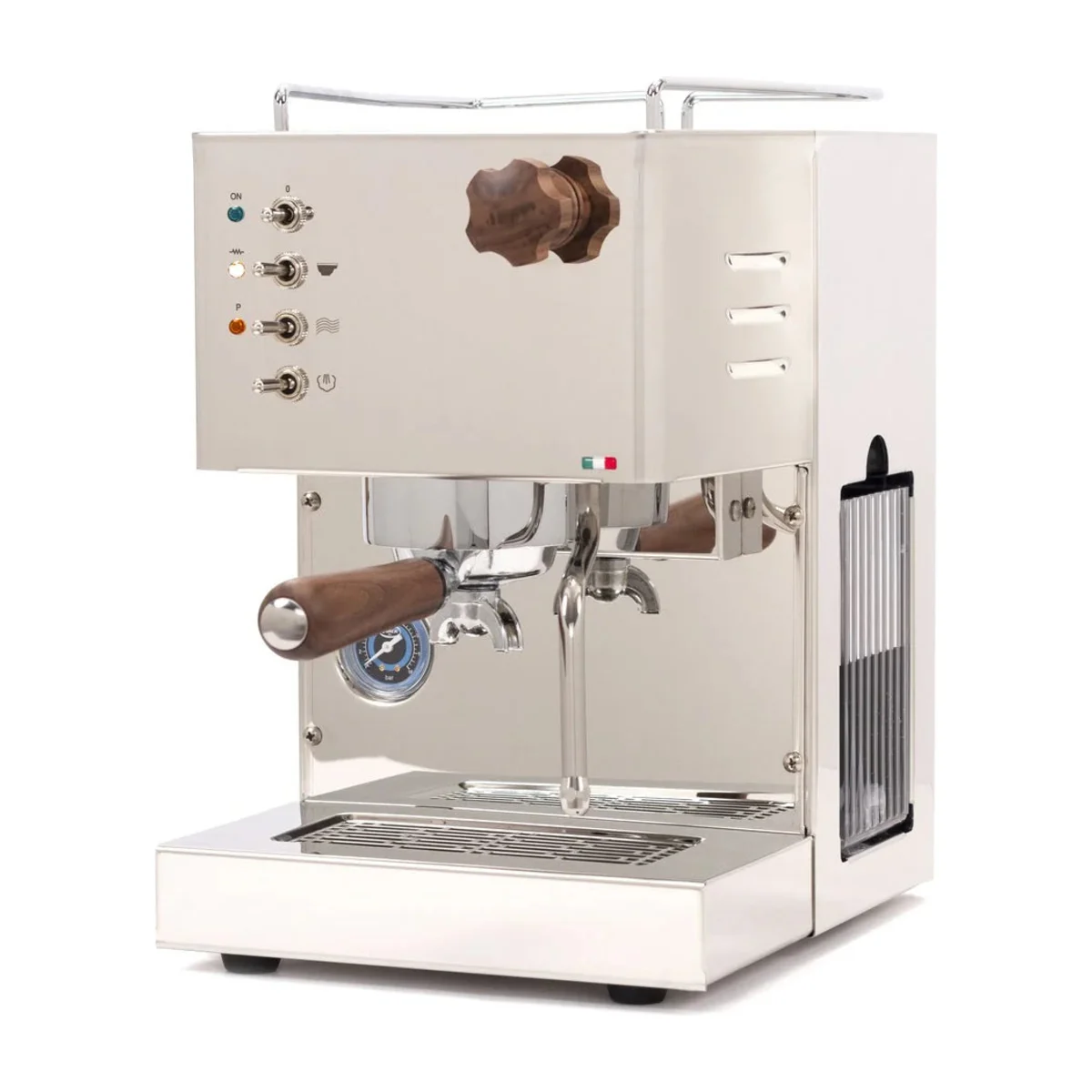 Quick Mill Pippa in mirror stainless steel with timber steam knob and handle