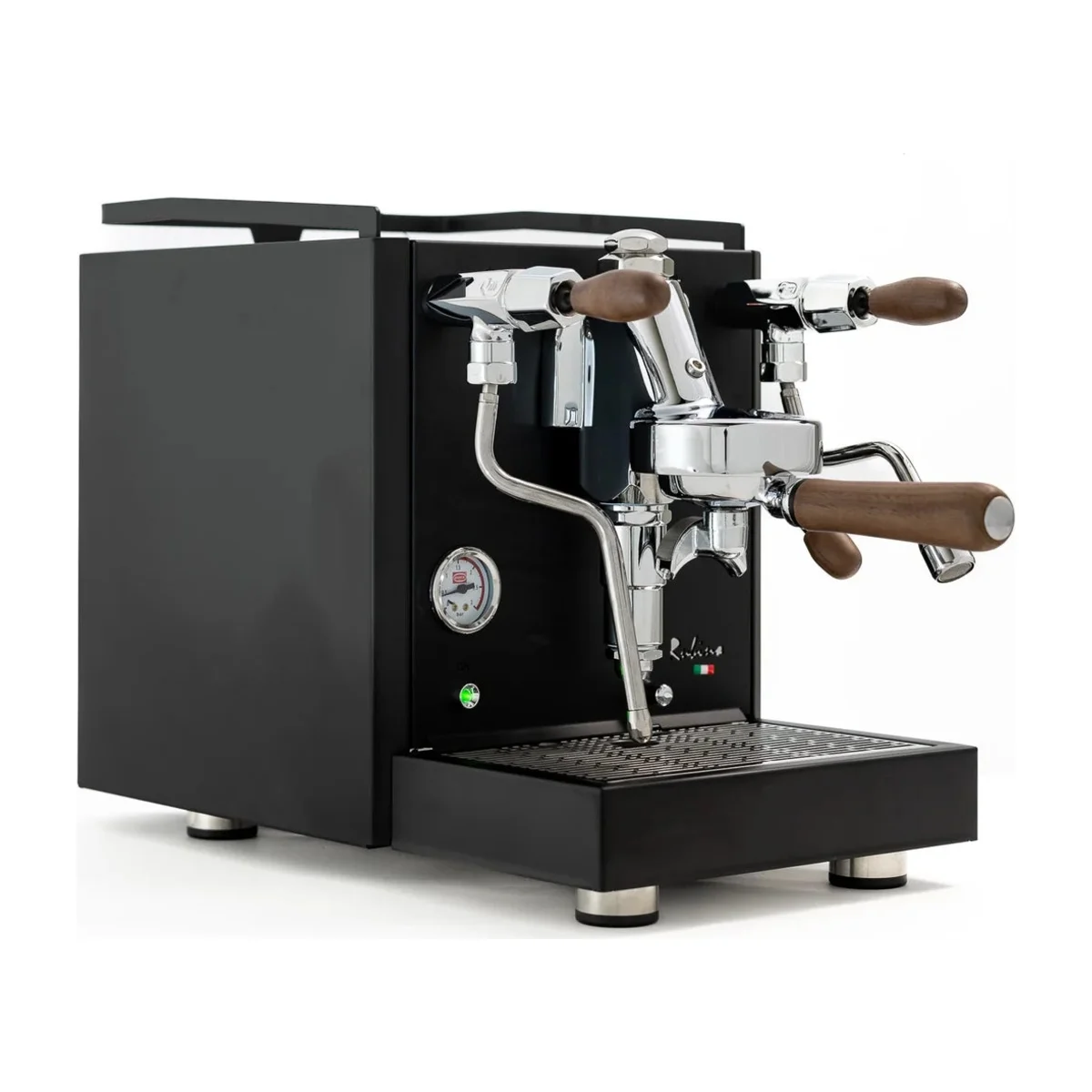Quick Mill Rubino in black with chrome group and timber handles