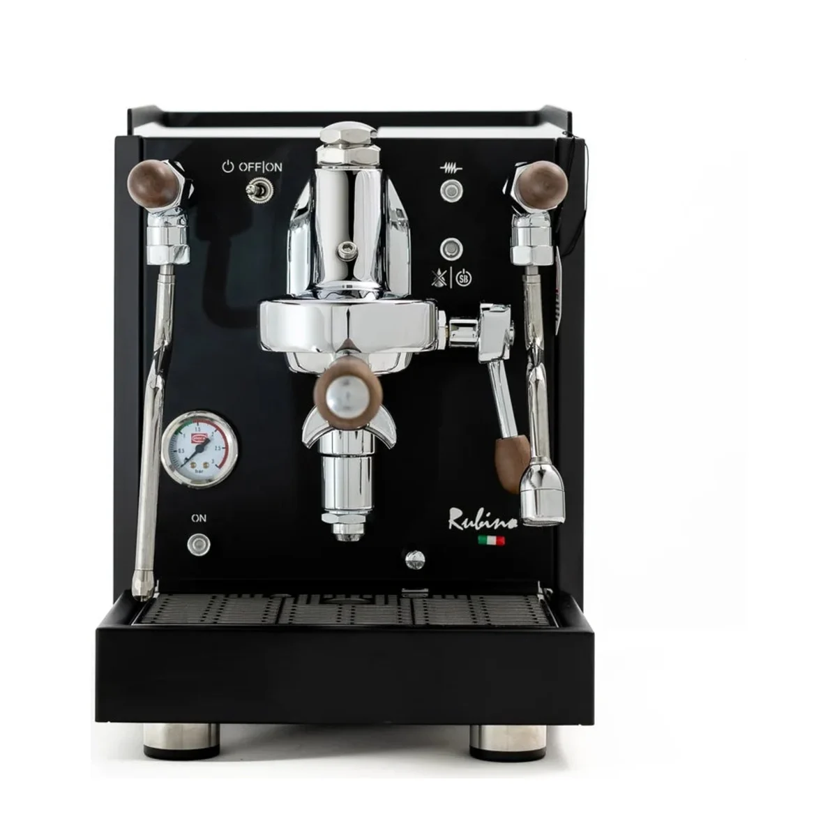 Front view of the black Quick Mill Rubino showing gauge and switches