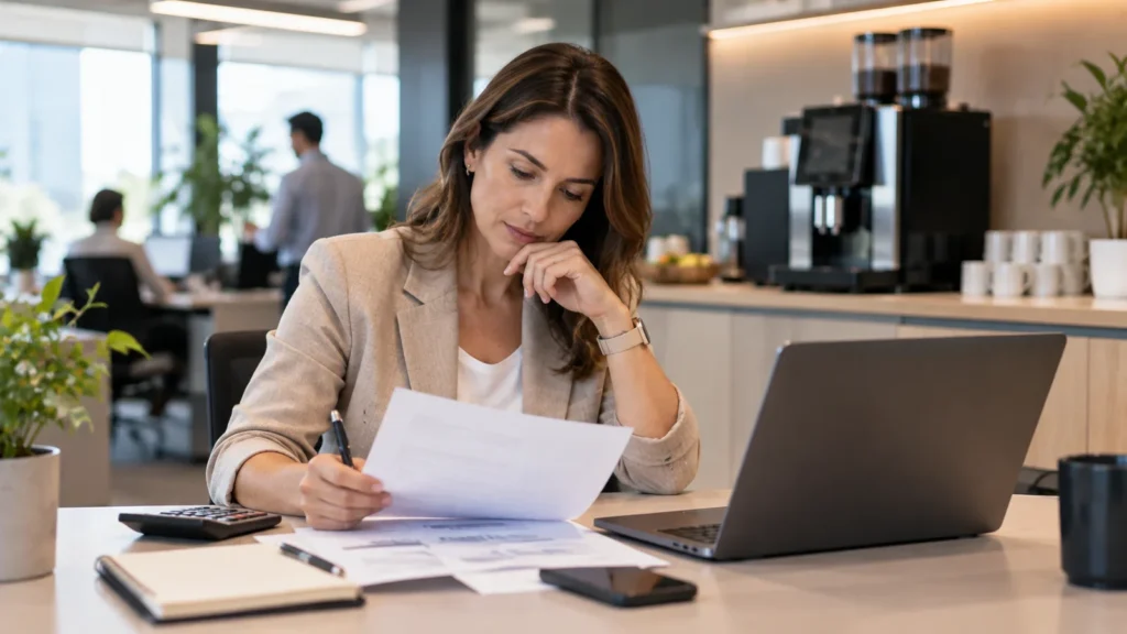 Office manager reviewing a printed quote and laptop at a desk with a commercial coffee machine on the kitchen bench behind