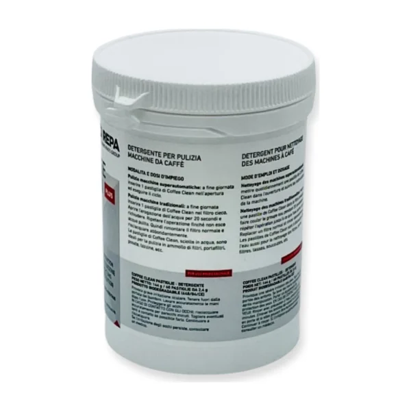 REPA Coffee Clean Espresso Cleaning Tablets, side label, Italian and French