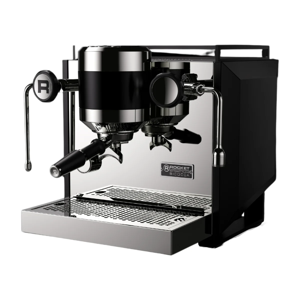Rocket Bicocca, black body with stainless front, front three-quarter view
