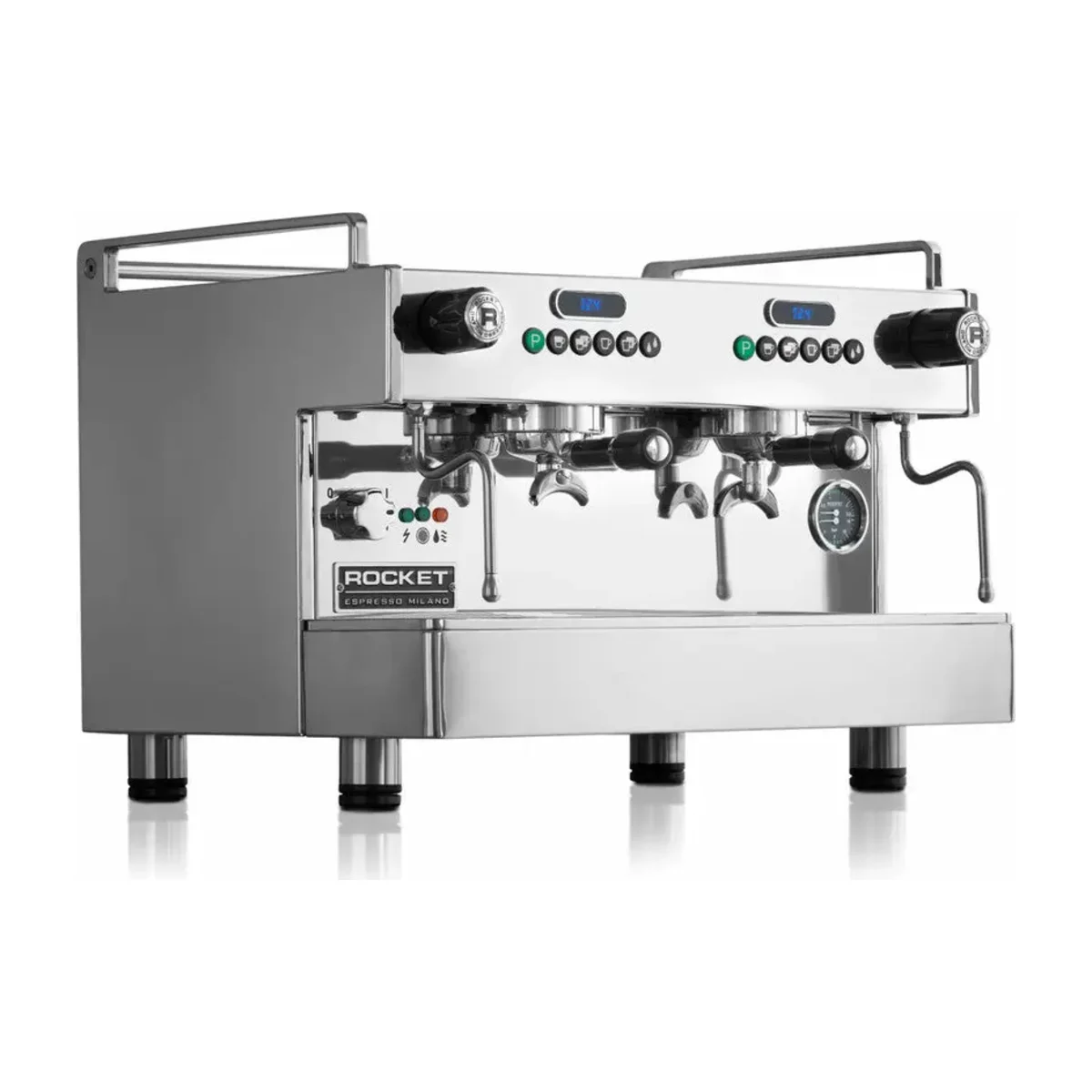 Rocket Boxer 2 Group espresso machine, stainless steel, side three-quarter view