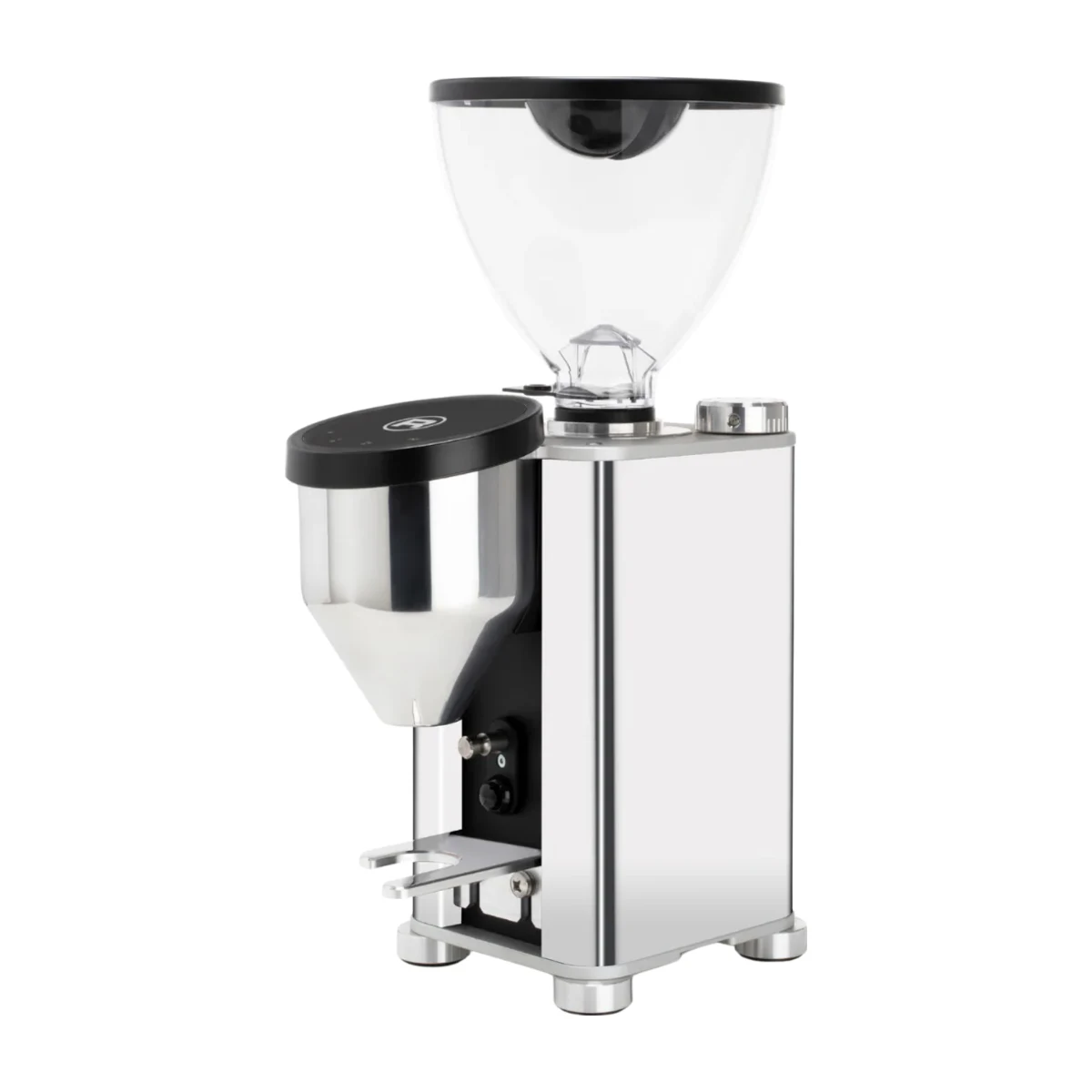 Rocket Giannino coffee grinder, chrome, three-quarter front view