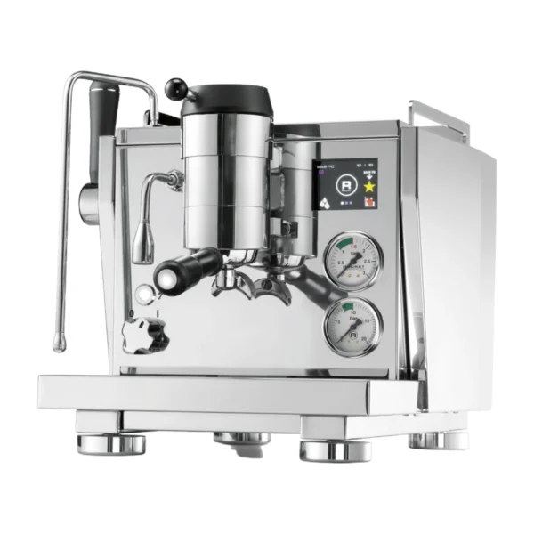 Rocket R NINE ONE, stainless steel, front three-quarter view with gauges and touch display