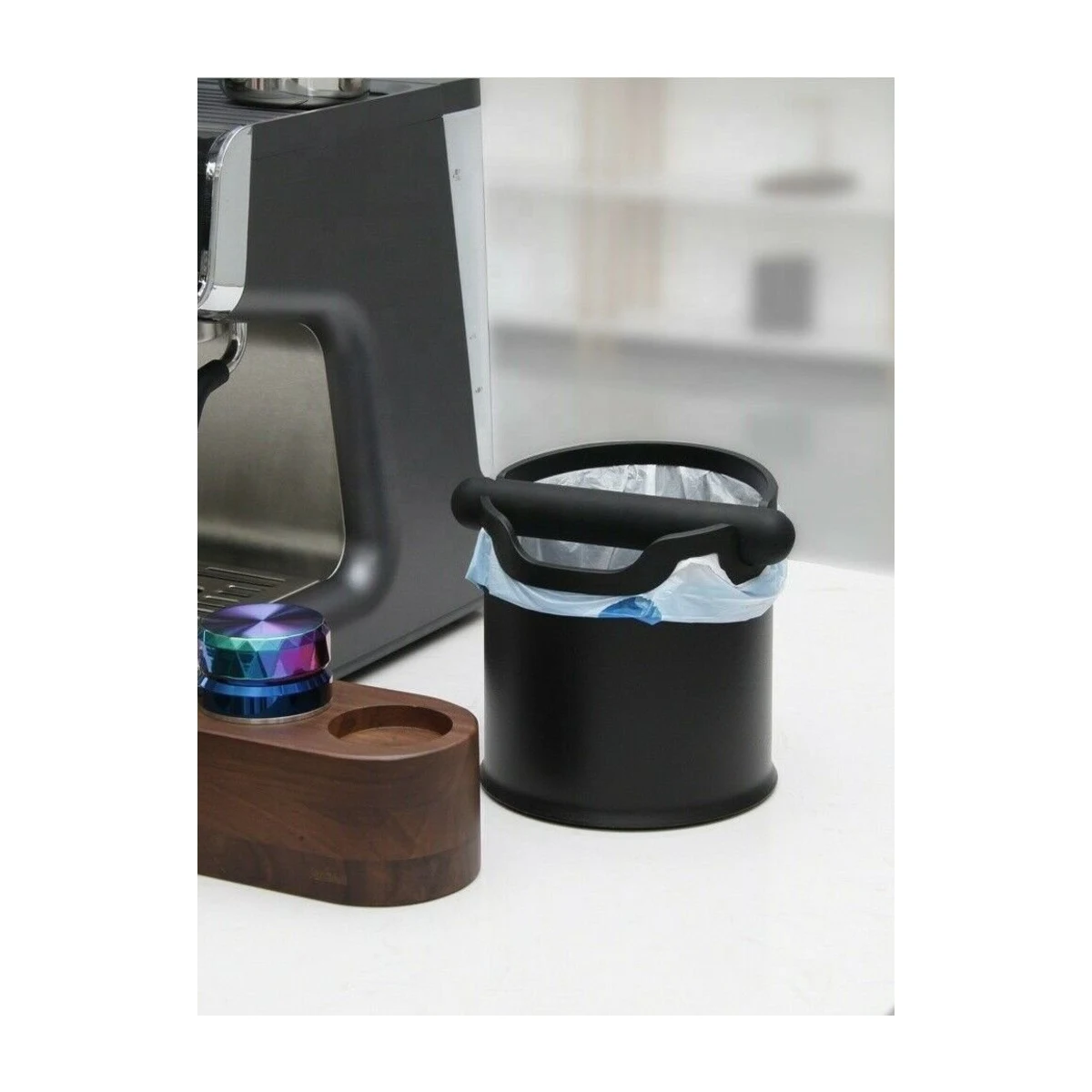 Round Coffee Knock Bin, in use beside an espresso machine