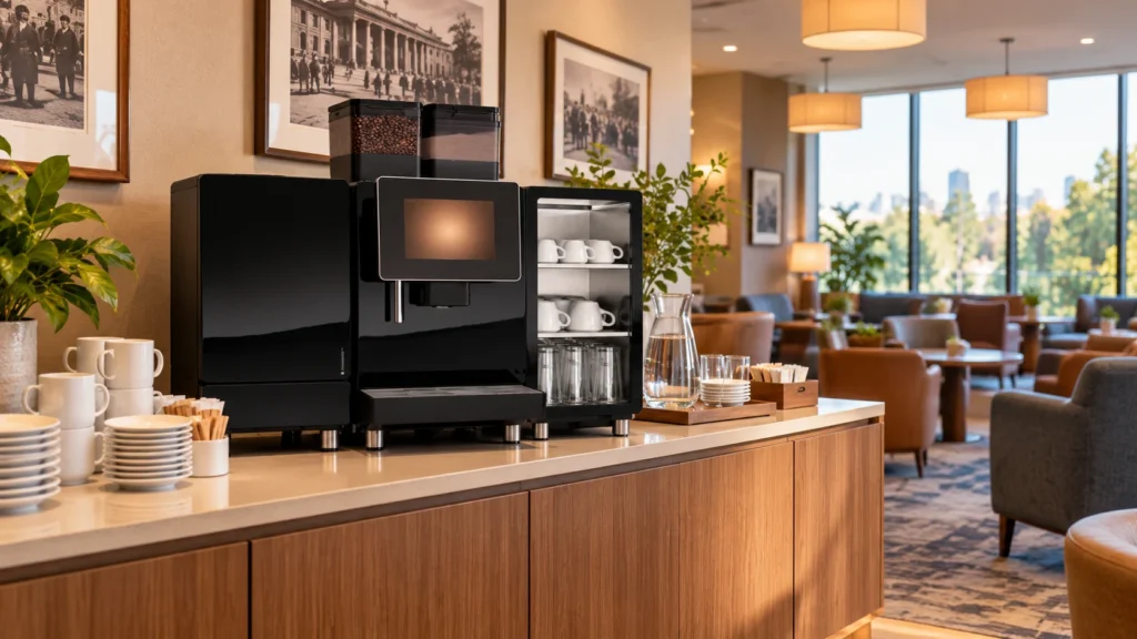 Commercial superautomatic coffee machine set up as a self-serve coffee station on a timber bench in a Melbourne club members lounge