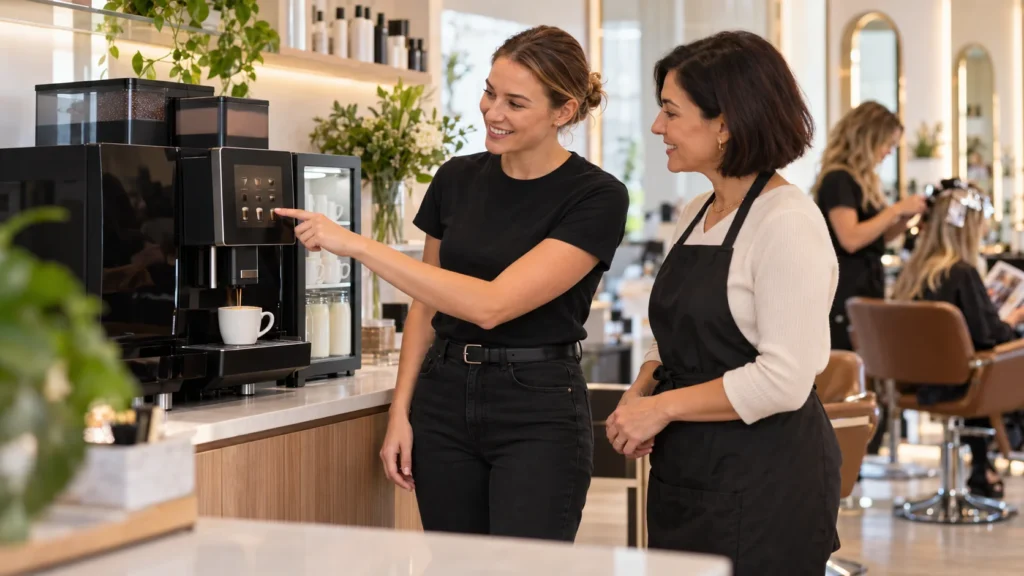 Panica Coffee staff member showing a salon owner the touchscreen of a superautomatic coffee machine behind a hair salon reception counter