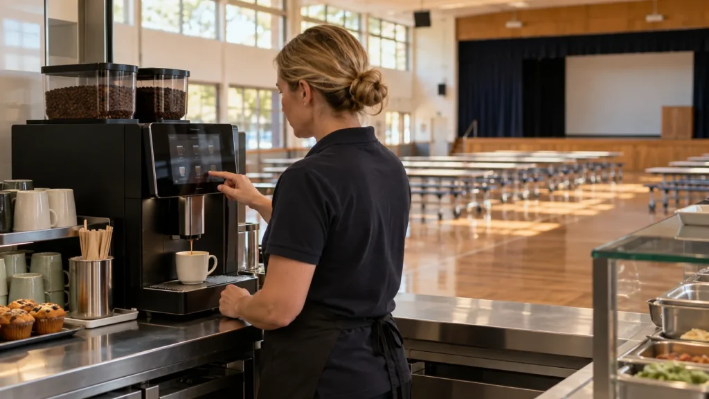 School canteen servery counter with a commercial superautomatic coffee machine on the staff side and a staff member making a coffee