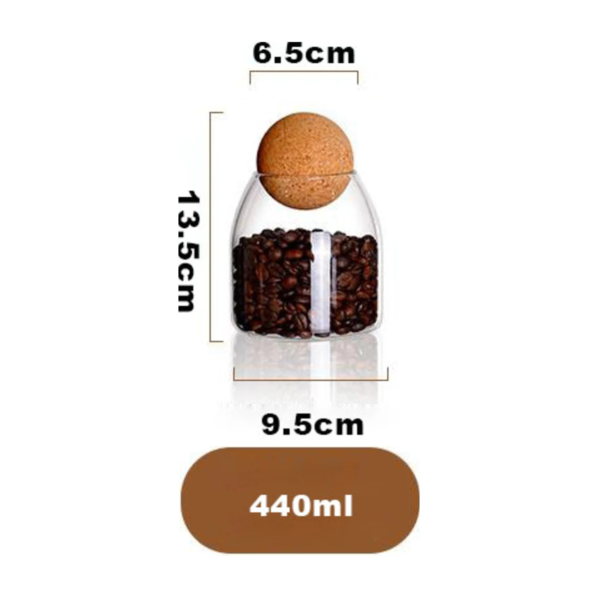 Small Glass Storage Jars with Cork Ball Lid, dimensions 440 ml
