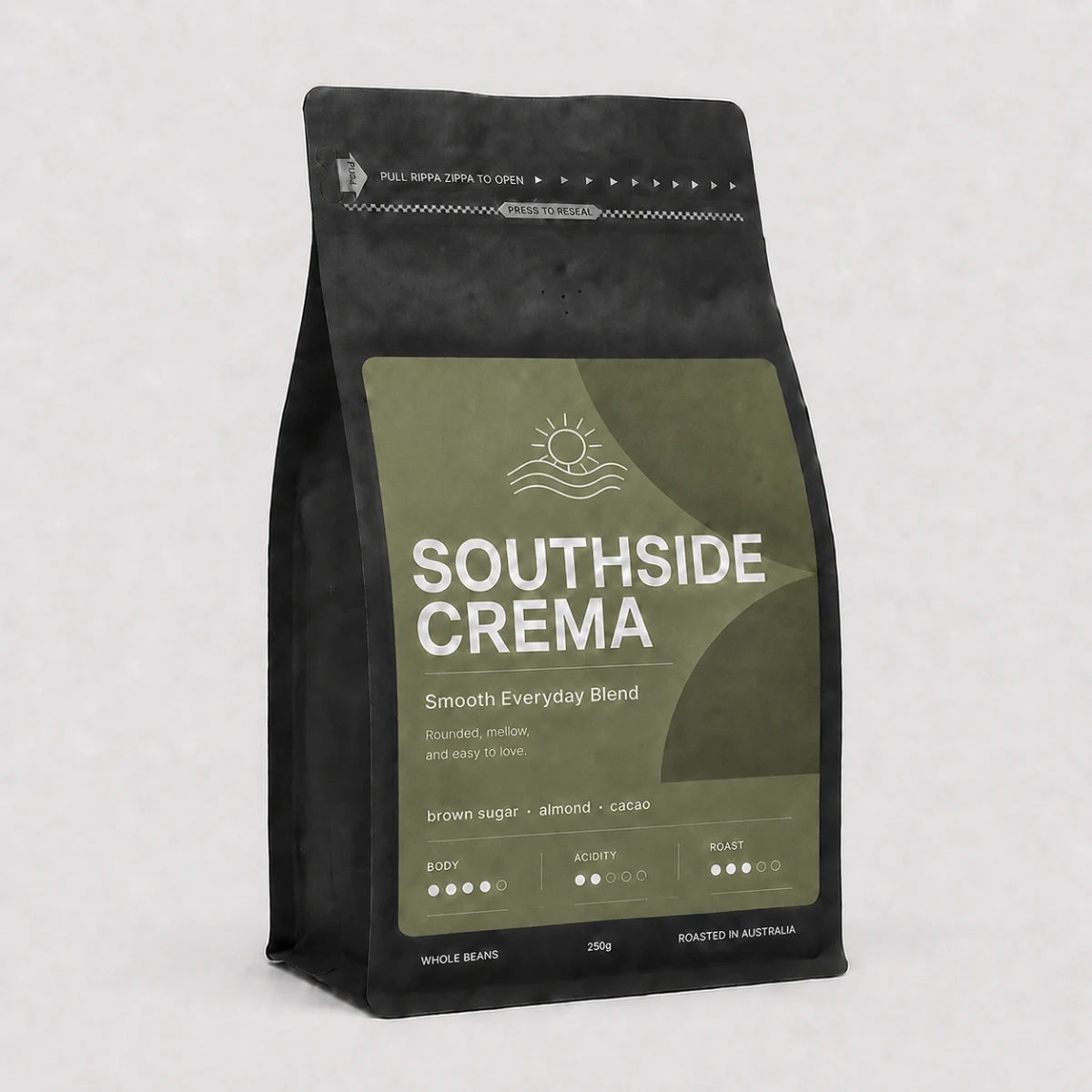 Southside Crema Coffee Beans 1 kg, bag angled view