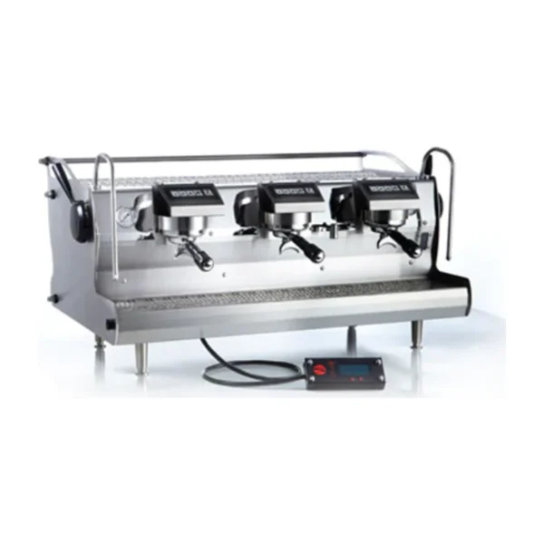 Synesso Sabre 2 Group, shows a 3-group Sabre (listing is 2 group) and only 500 px; no white-background 2-group Sabre photo found (discontinued model). stainless steel, front three-quarter view