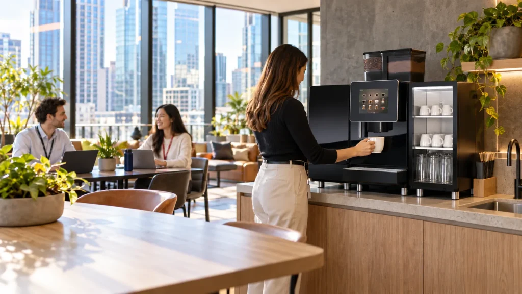 Office worker taking a coffee from a commercial superautomatic coffee machine in a shared tenant lounge, with staff from other companies working at a table by city windows