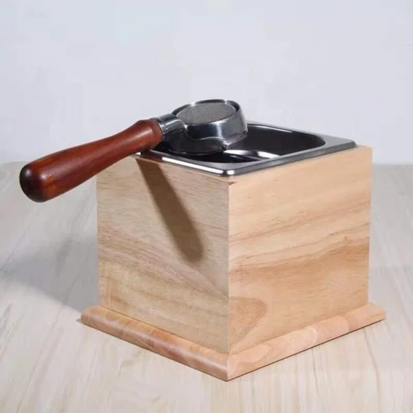 Timber Coffee Knock Box, with portafilter resting on top