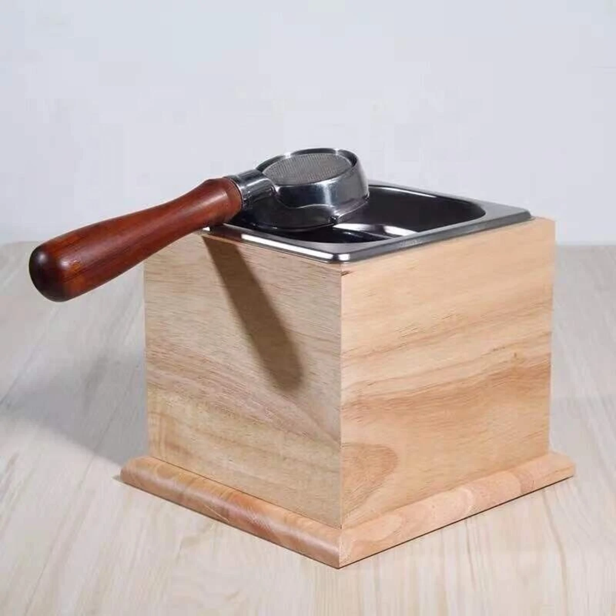 Timber Coffee Knock Box, with portafilter resting on top