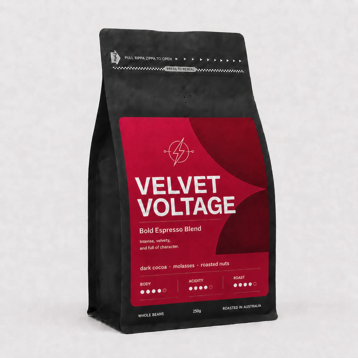 Velvet Voltage Coffee Beans 1 kg, bag angled view
