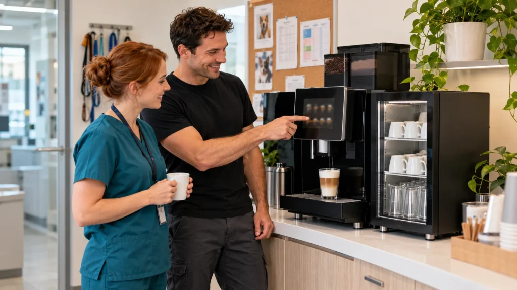 Panica Coffee technician showing a veterinary nurse the touchscreen of a superautomatic coffee machine in a vet clinic staff room