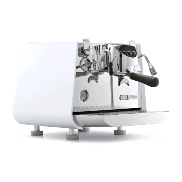 Victoria Arduino Eagle One Prima, white with polished steel front, front three-quarter view