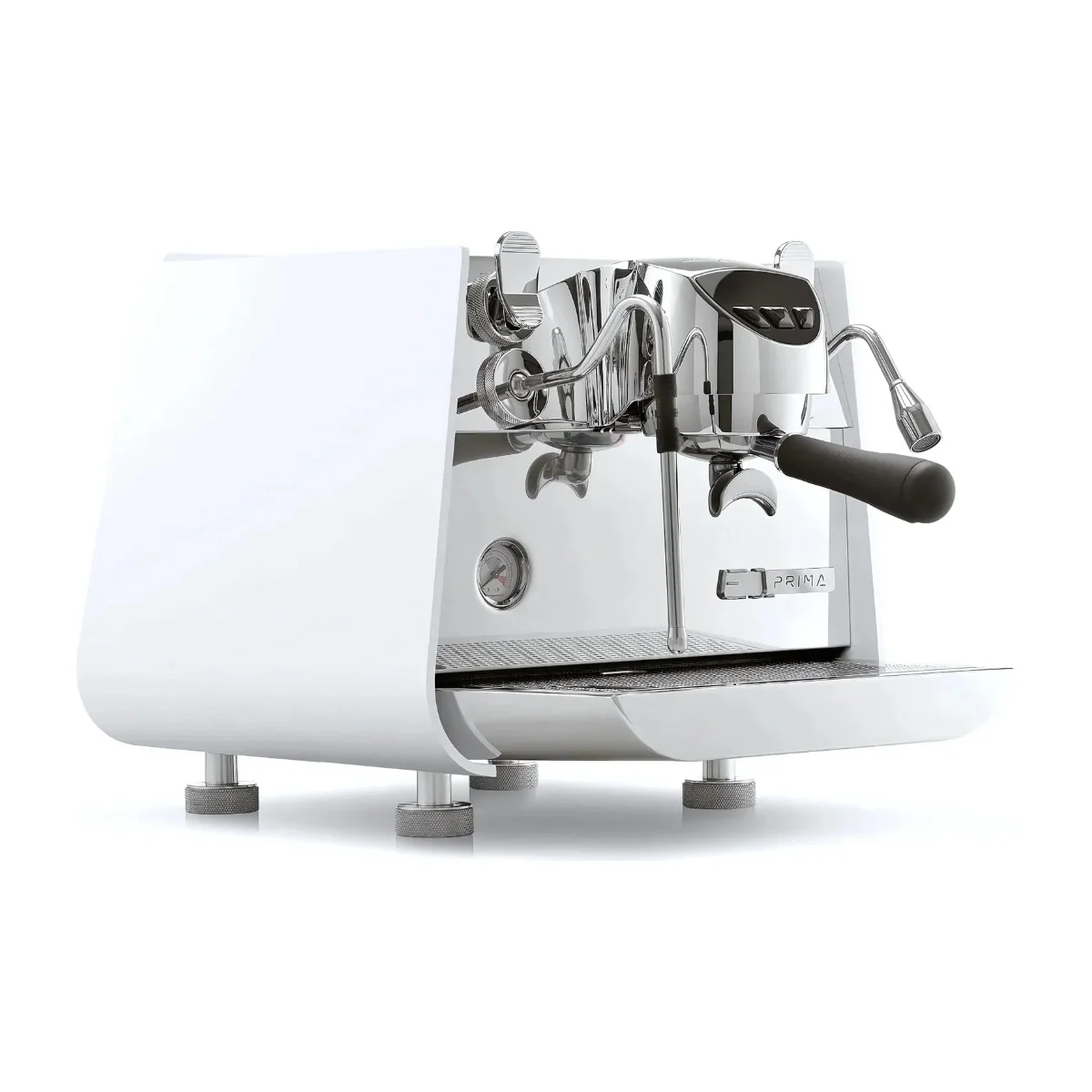 Victoria Arduino Eagle One Prima, white with polished steel front, front three-quarter view