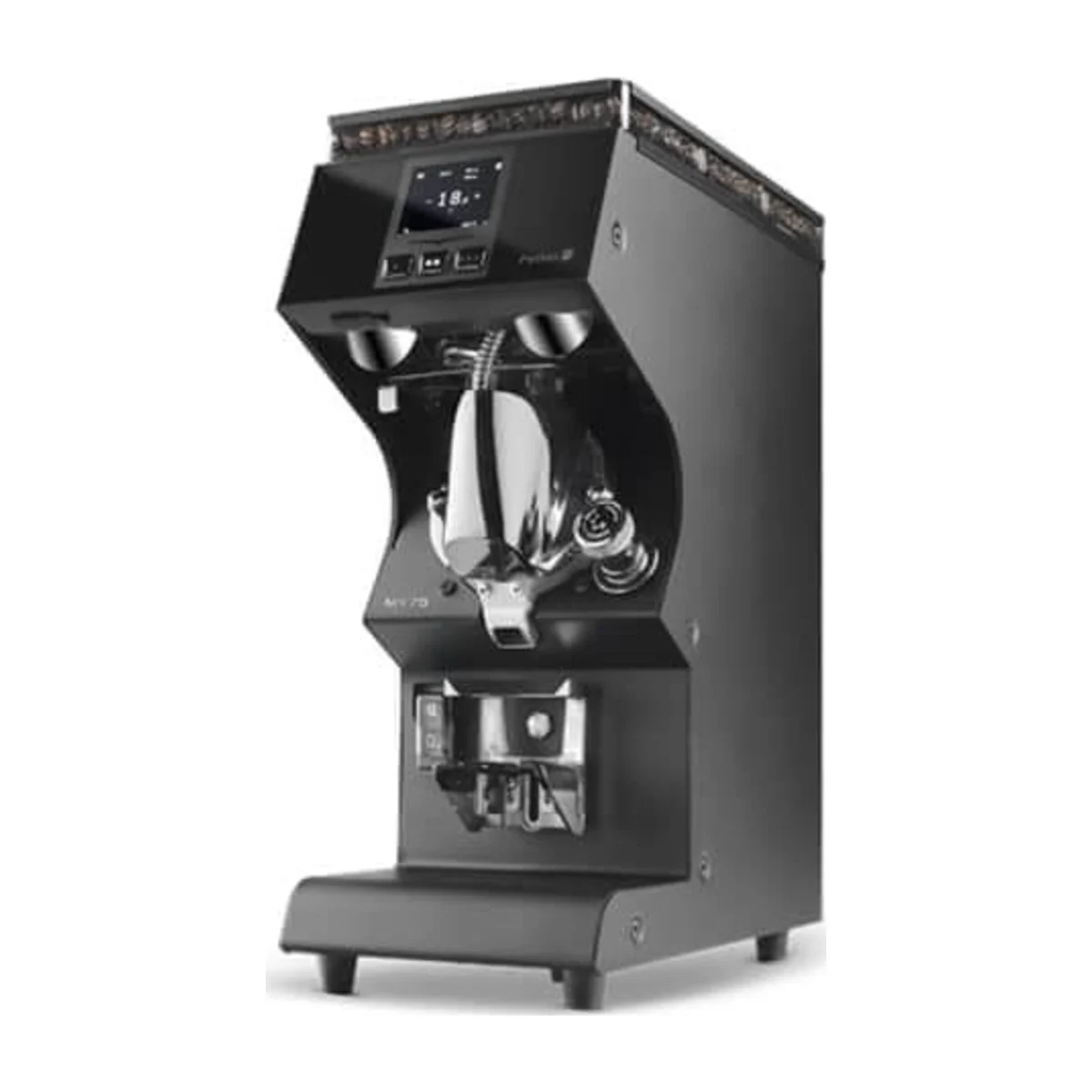 Victoria Arduino Mythos MY75 coffee grinder, matte black, three-quarter view