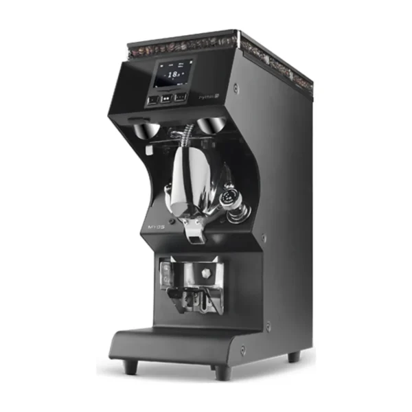 Victoria Arduino Mythos MY85 coffee grinder, matte black, three-quarter view