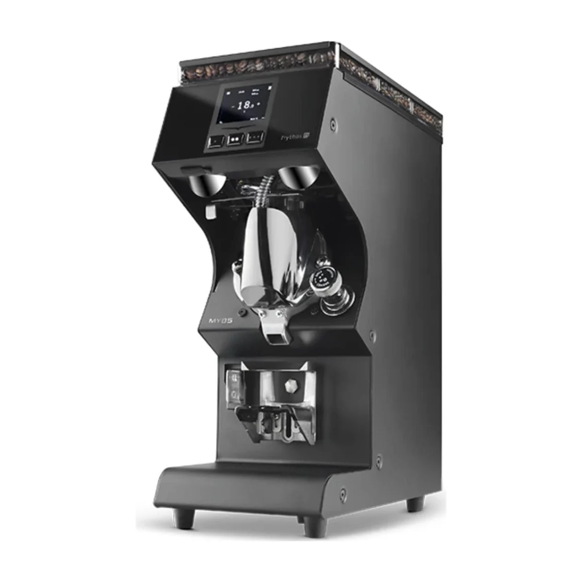 Victoria Arduino Mythos MY85 coffee grinder, matte black, three-quarter view
