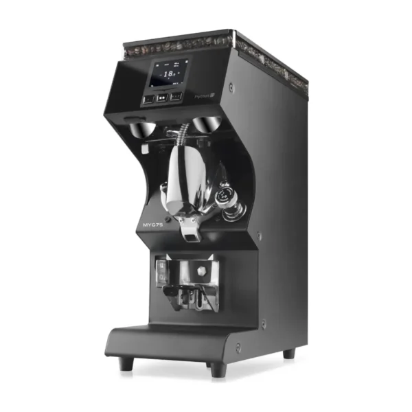 Victoria Arduino Mythos MYG75 coffee grinder, matte black, three-quarter view