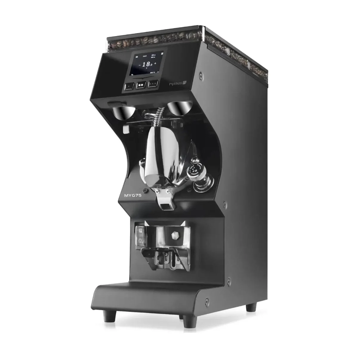 Victoria Arduino Mythos MYG75 coffee grinder, matte black, three-quarter view