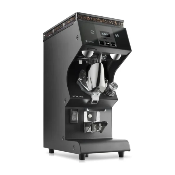 Victoria Arduino Mythos One coffee grinder, black, three-quarter front view