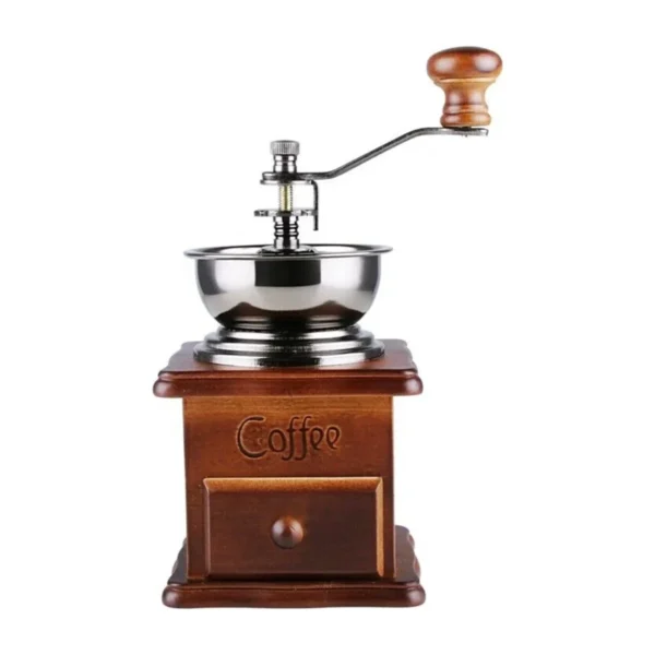 Vintage wooden coffee mill with stainless steel bowl, crank handle with wooden knob and pull-out drawer