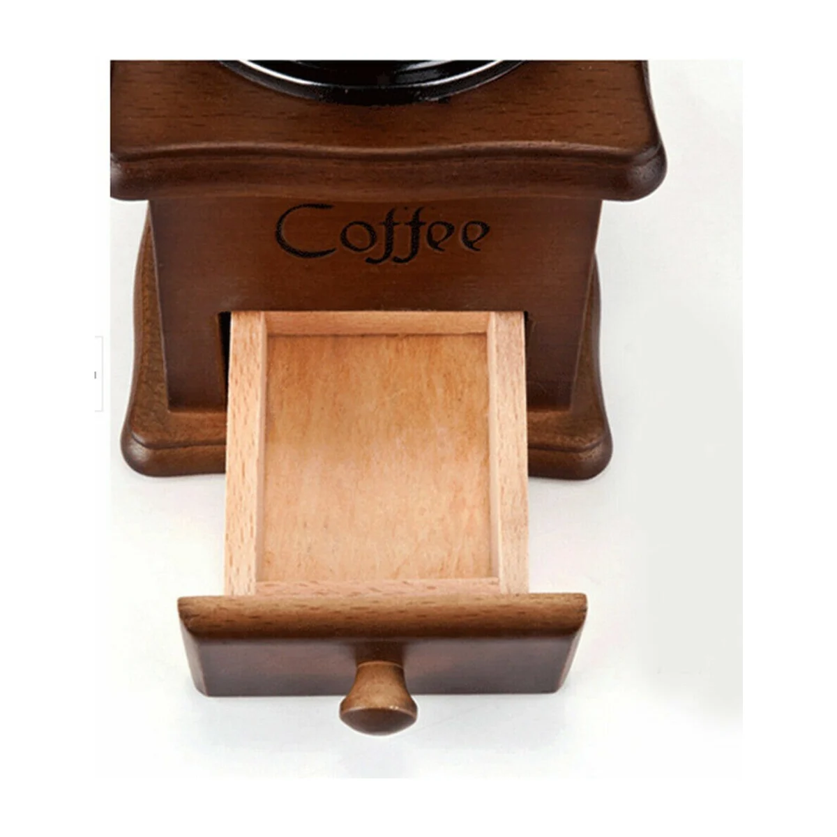 Wooden coffee mill with its pull-out drawer open to collect the ground coffee
