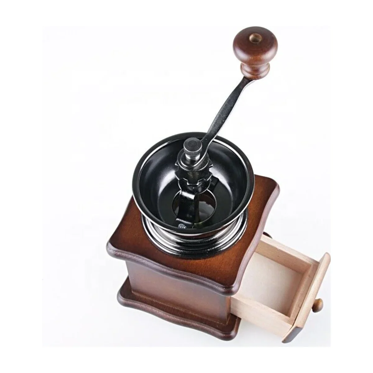 Top view of a wooden coffee mill with the crank handle, steel bowl and drawer pulled out