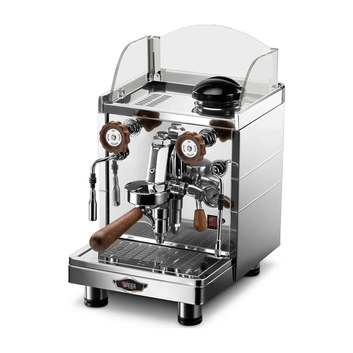 Wega Mini Nova Classic 1 Group, stainless steel, front three-quarter view