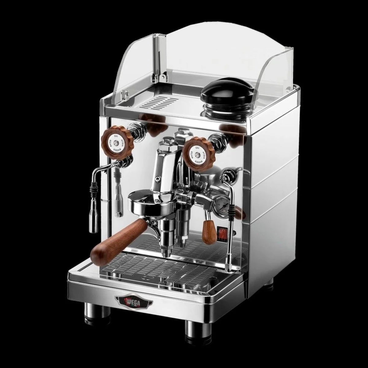 Wega Mini Nova Classic 1 Group, stainless steel, three-quarter view from left