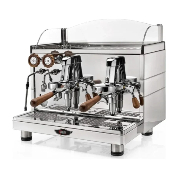 Wega Mini Nova Classic 2 Group, stainless steel with walnut, front three-quarter view