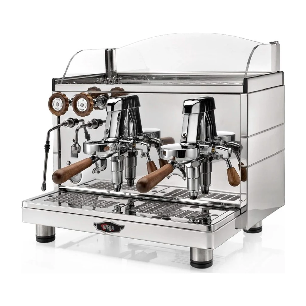 Wega Mini Nova Classic 2 Group, stainless steel with walnut, front three-quarter view