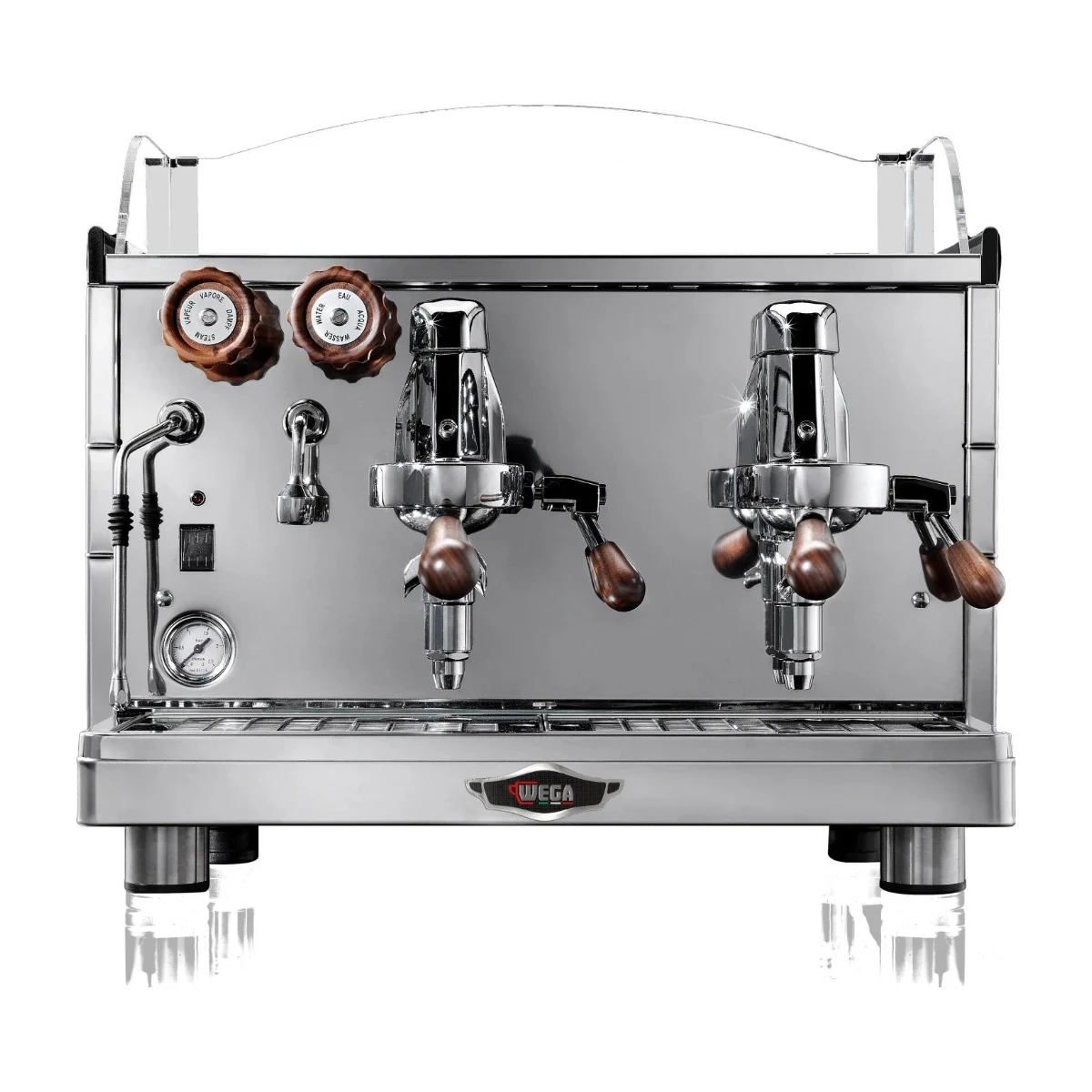 Wega Mini Nova Classic 2 Group, stainless steel with walnut, front view