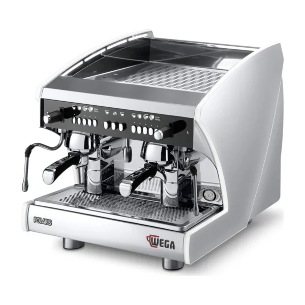 Wega Polaris EVD 2 Group Compact, stainless steel, front three-quarter view