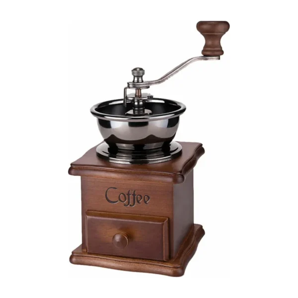 Retro wooden coffee grinder with stainless steel bowl, crank handle and pull-out drawer